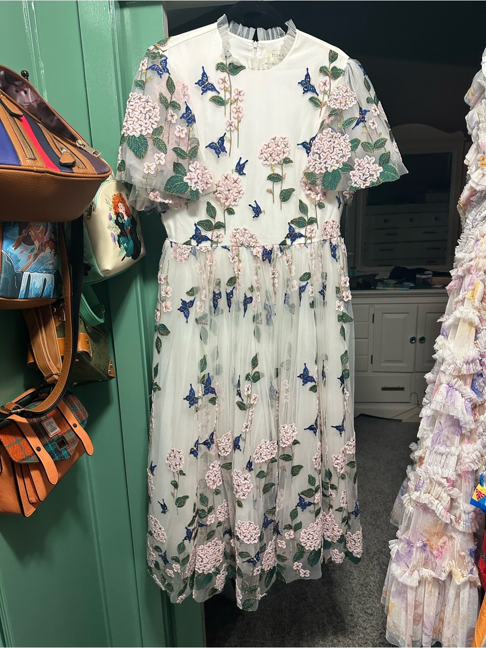 JessaKae White Mesh Midi Dress with Pink Floral & Blue Accents